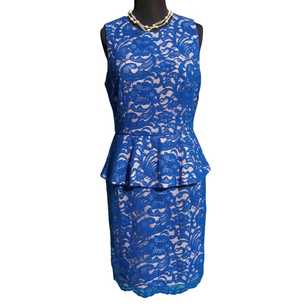 Cache Blue Peplum Lace Event Dress New Nude Lining Stretch Body Shape NWT $198